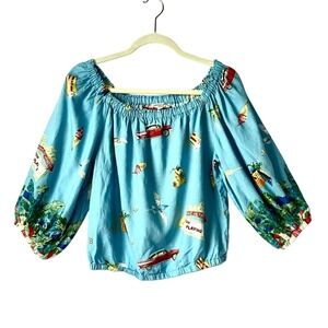 Christian Siriano Blue‎ Retro Fun Novelty Movie Print Blouse Top Small